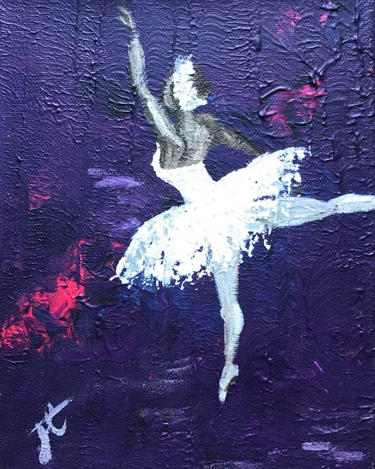 Painting shown cropped to edge: a ballerina in swan costume poised stepping away from the viewer. She is shown against a purple and neon pink textured background.