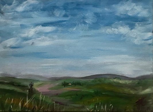 Painting shown cropped to edges: a landscape painting showing hills of farmland with mountain ranges in the distance. On the hills there is a windmill and, a bit further away, a farmhouse nestled between trees. The sky is blue with lots of soft white clouds. 