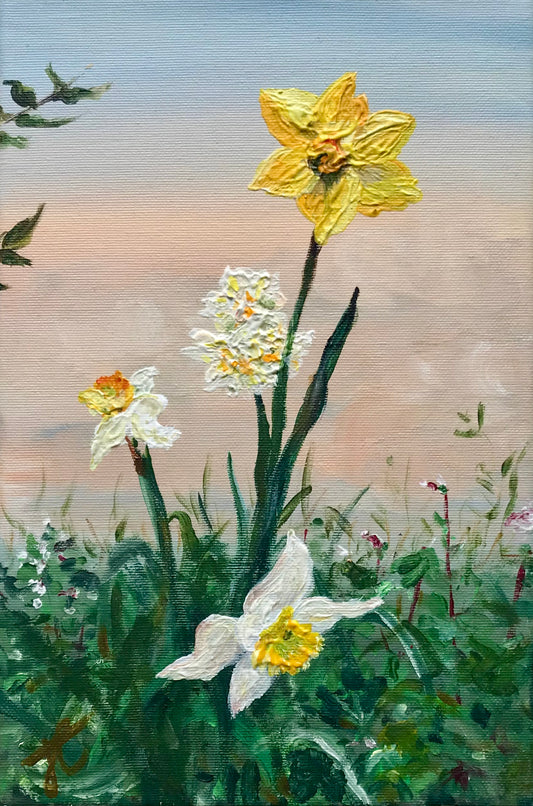 Painting shown cropped to edges: Daffodils and narcissi blooming amidst other plants. The sky is light blue becoming pinker as it nears the horizon.