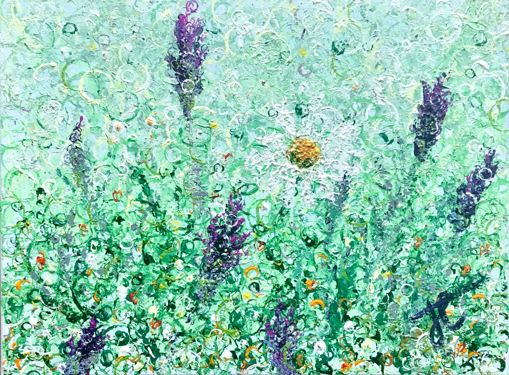Painting cropped to edge: a white daisy with yellow centre blooms amidst lavender. The surface of the painting is composed entirely of layers and layers of circles of different sizes.