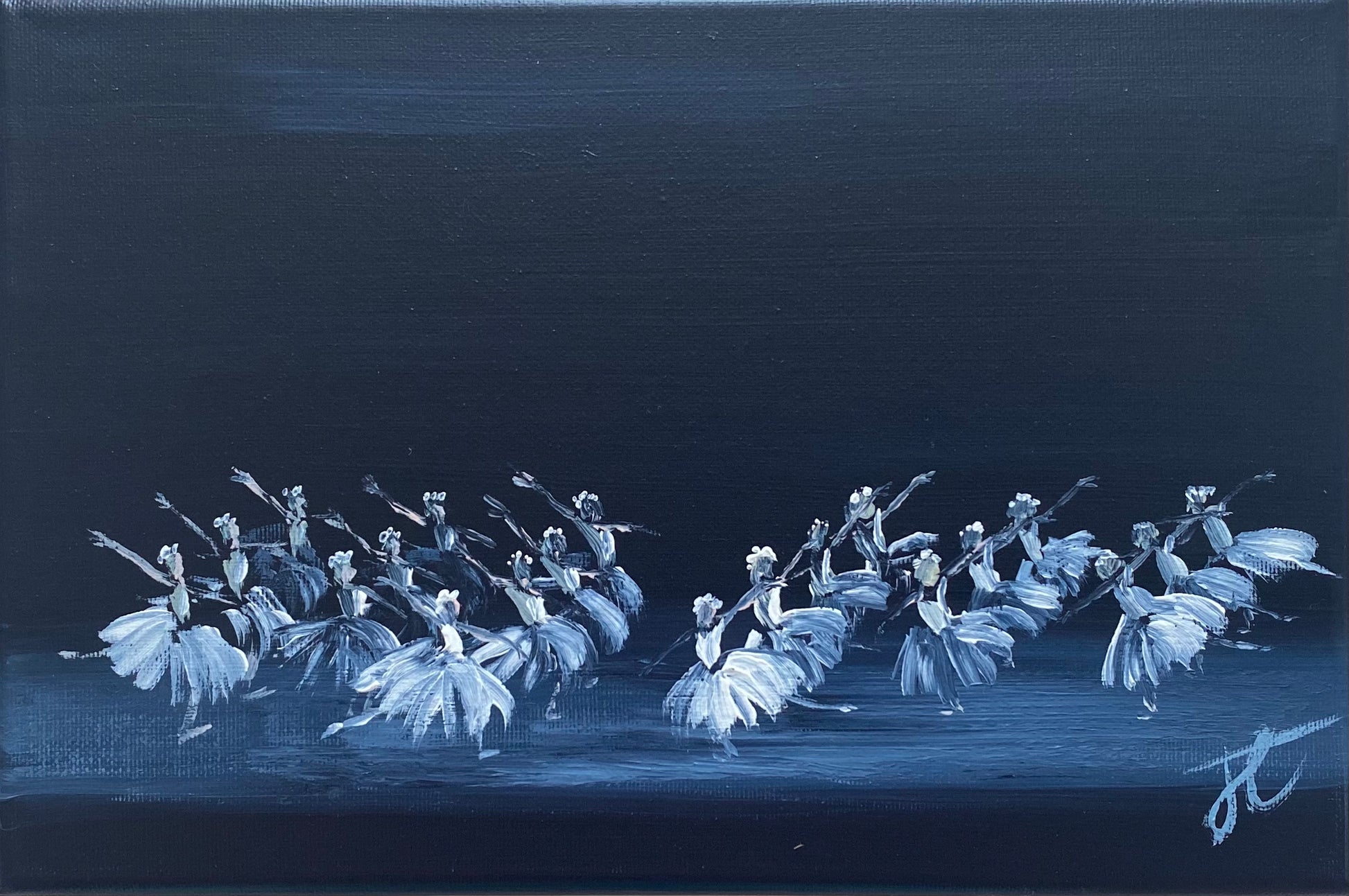 Painting of corps de ballet scene from Giselle act 2: twenty ballerinas in long white romantic tutus against a dark blue background.