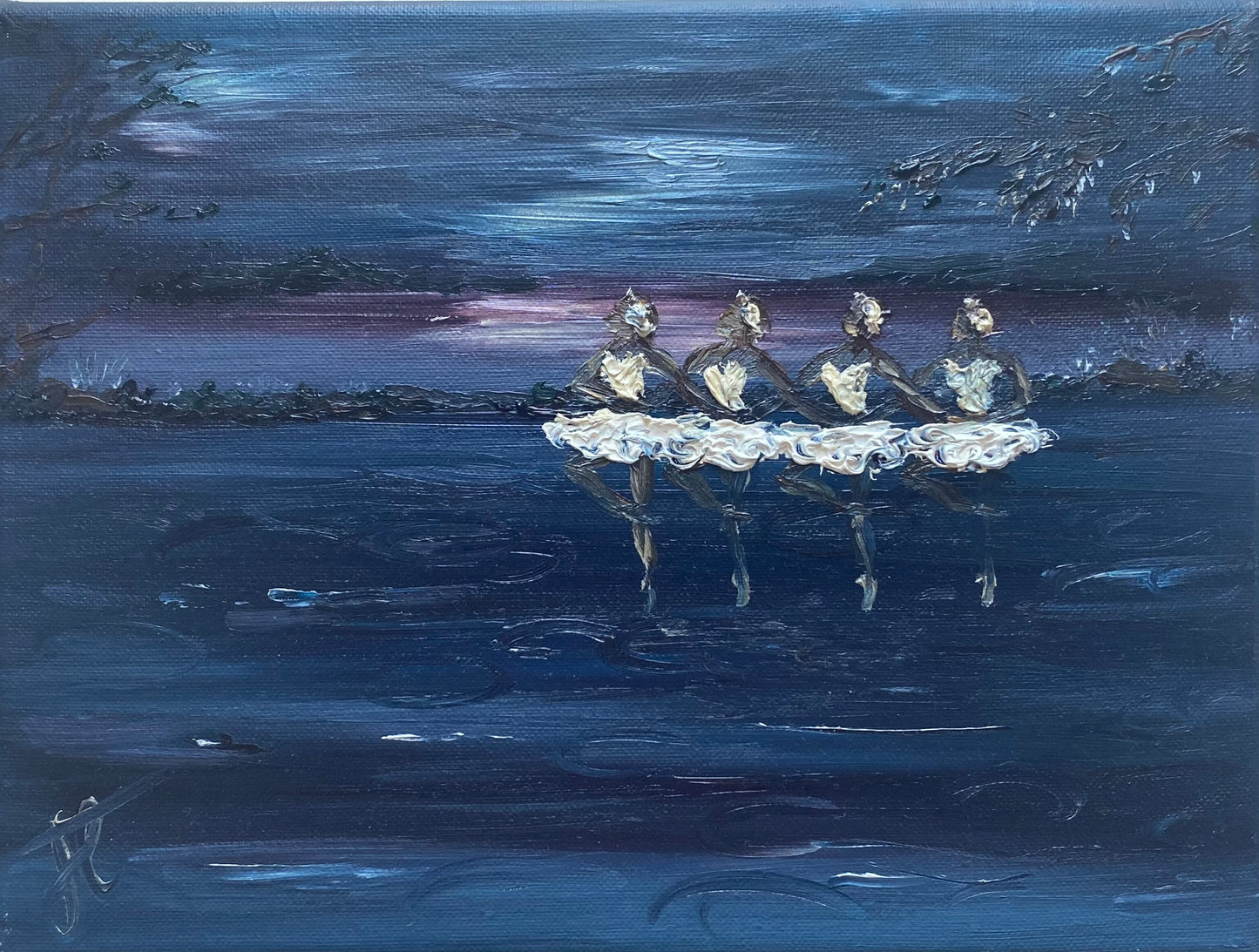 Oil painting of four ballerinas performing the dance of the little swans. The painting has a blue and purple background. It is visibly textured.
