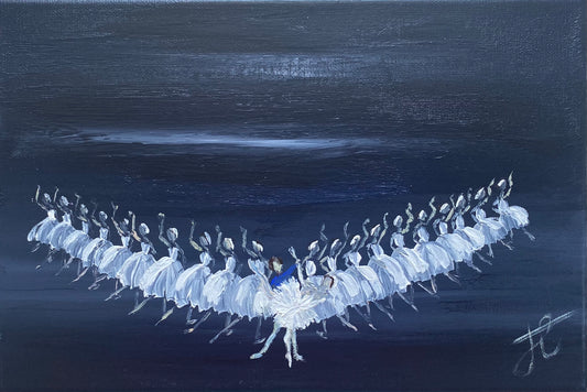 Painting of ballerina in swan costume supported by a danseur as she leans forward. Behind them the corps de ballet in long romantic swan tutus are positioned in a v-formation.