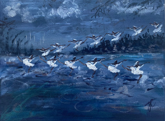 Painting inspired by the entrance of the shades in the ballet La Bayadère. The corps de ballet enter down a ramp and cross the stage diagonally. 