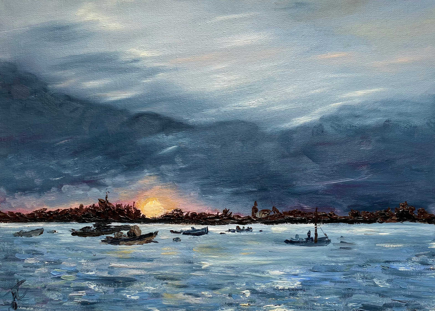 Oil painting of sunset over Bosham harbour