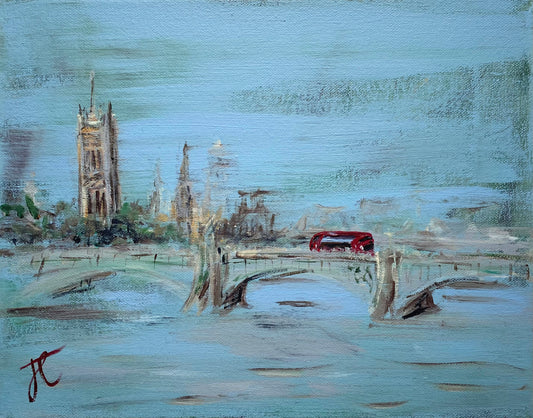 Landscape painting of red London bus on Lambeth bridge across the Thames with the Houses of Parliament in the distance.