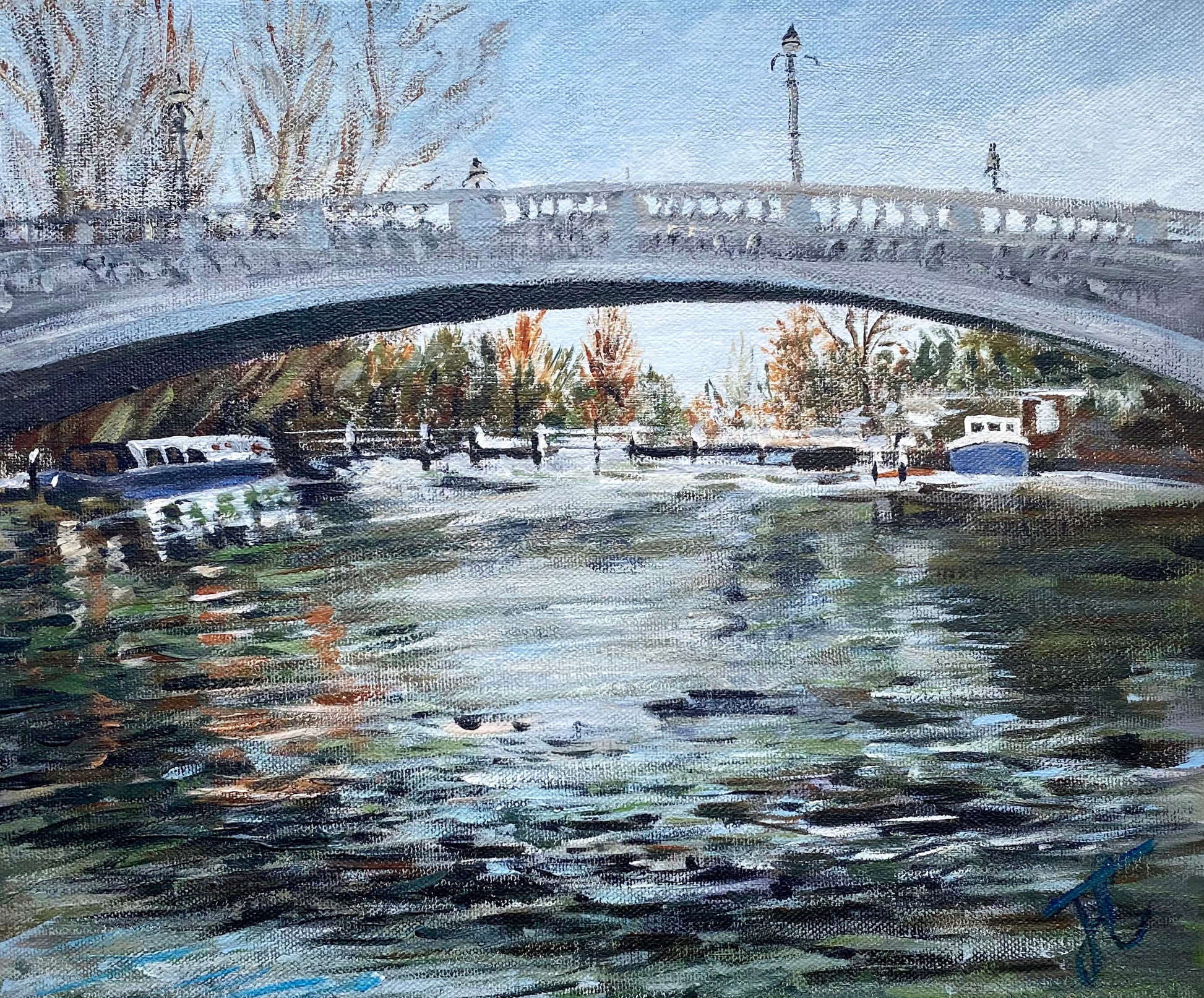 Original landscape painting of Reading Bridge over the Thames in autumn