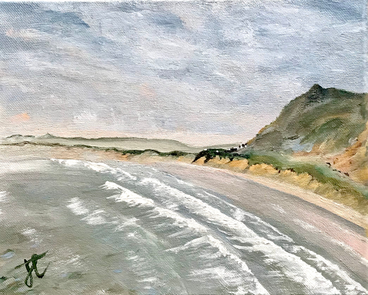 Seascape painting: ocean waves breaking onto a beach in front of dunes and hilliside.