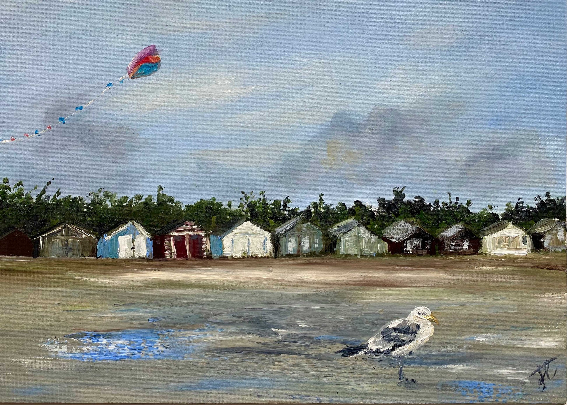 Seascape painting of kite, seagull and beach huts