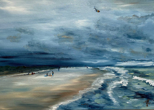 Beach painting with kite and people viewed from a distance
