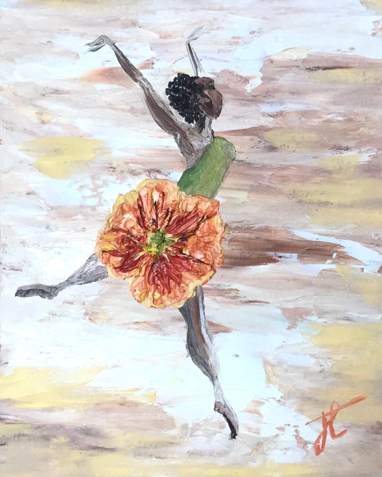 Textured painting of ballerina in orange poppy tutu with green bodice