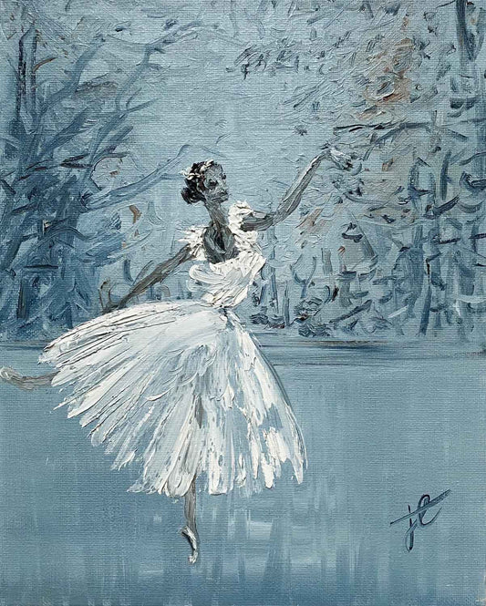 Ballerina painting of figure poised in romantic tutu in forest setting with white and grey colour palette