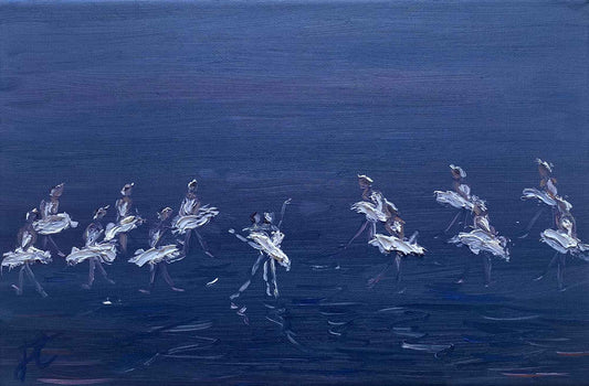Painting of ballerina in swan costume poised centre stage in arabesque, supported by a danseur. Behind them are 12 dancers in swan costumes arranged in two rows.