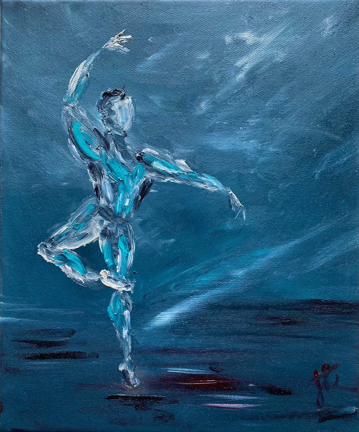Blue themed oil painting of danseur in retiré