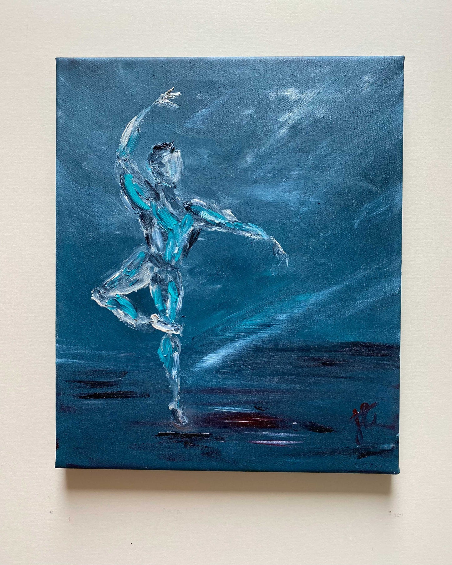 Blue themed oil painting of danseur in retiré