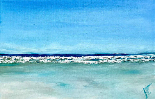 Blue seascape painting with textured waves