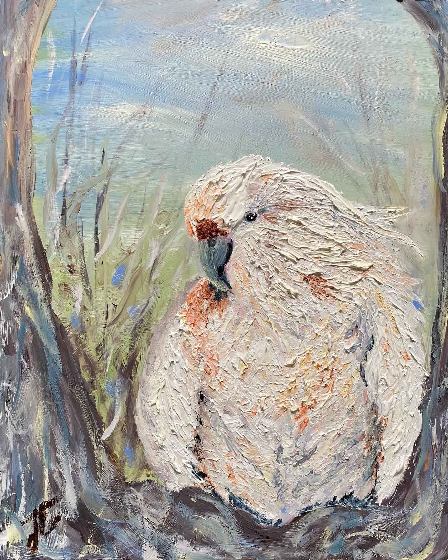 Textured oil painting of cockatoo perched on branch