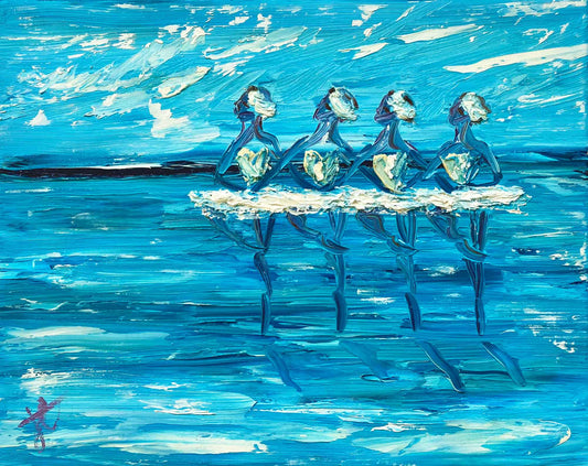 Blue painting with textured surface of four ballerinas performing the cygnet variation from Swan Lake