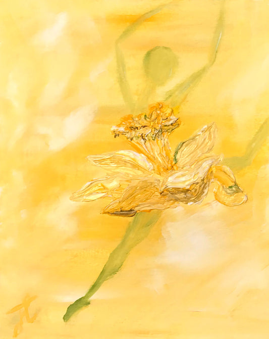 Yellow ballerina painting of a dancer mid-jump wearing a daffodil flower tutu. Textured flower oil painting,