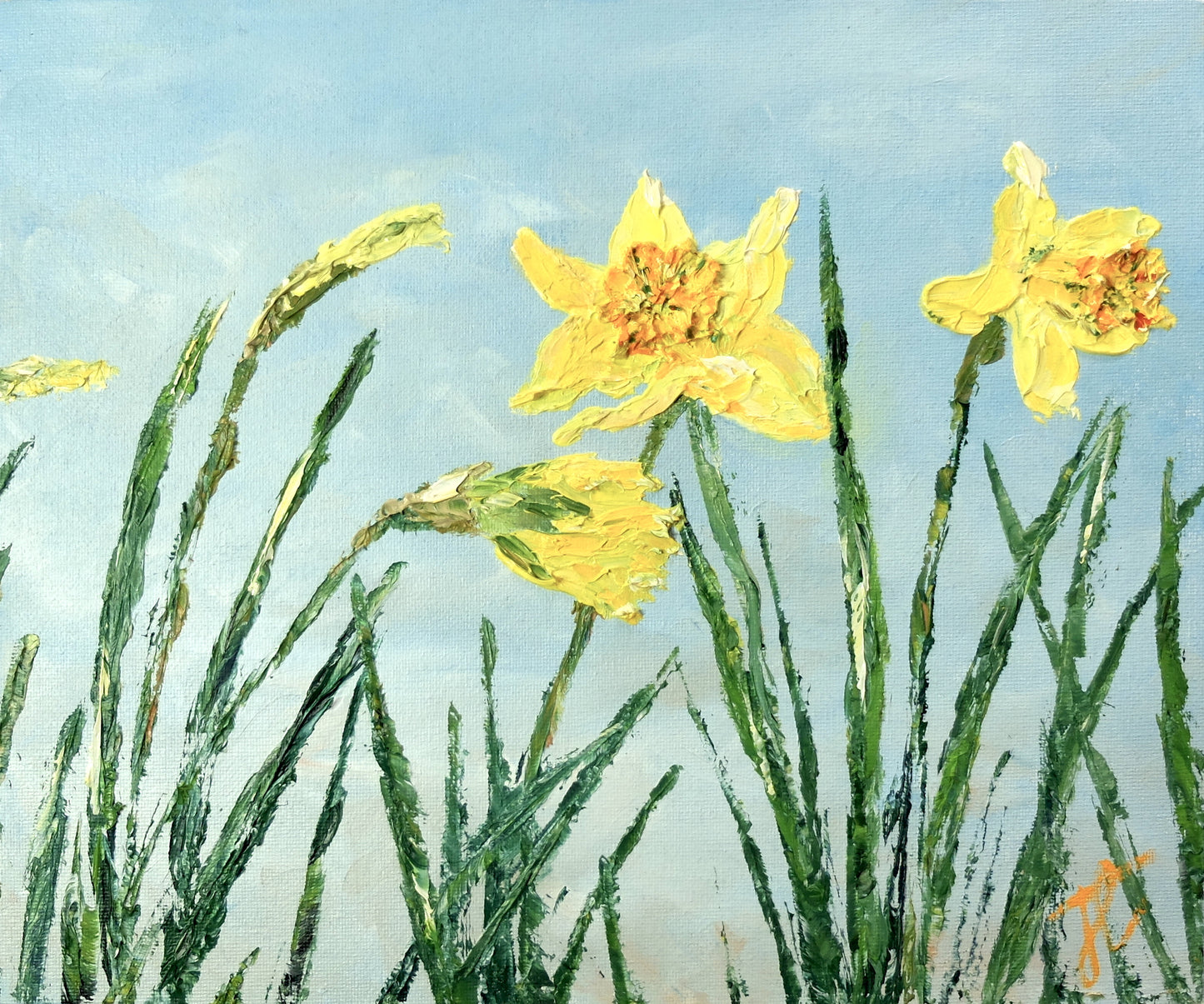 Painting of a row of daffodil plants in bloom, the ones to the left of the painting are in different stages of bud and the two to the right are fully open. The background is a blue sky with soft hints of cloud. The painting has a textured surface where the daffodils are.