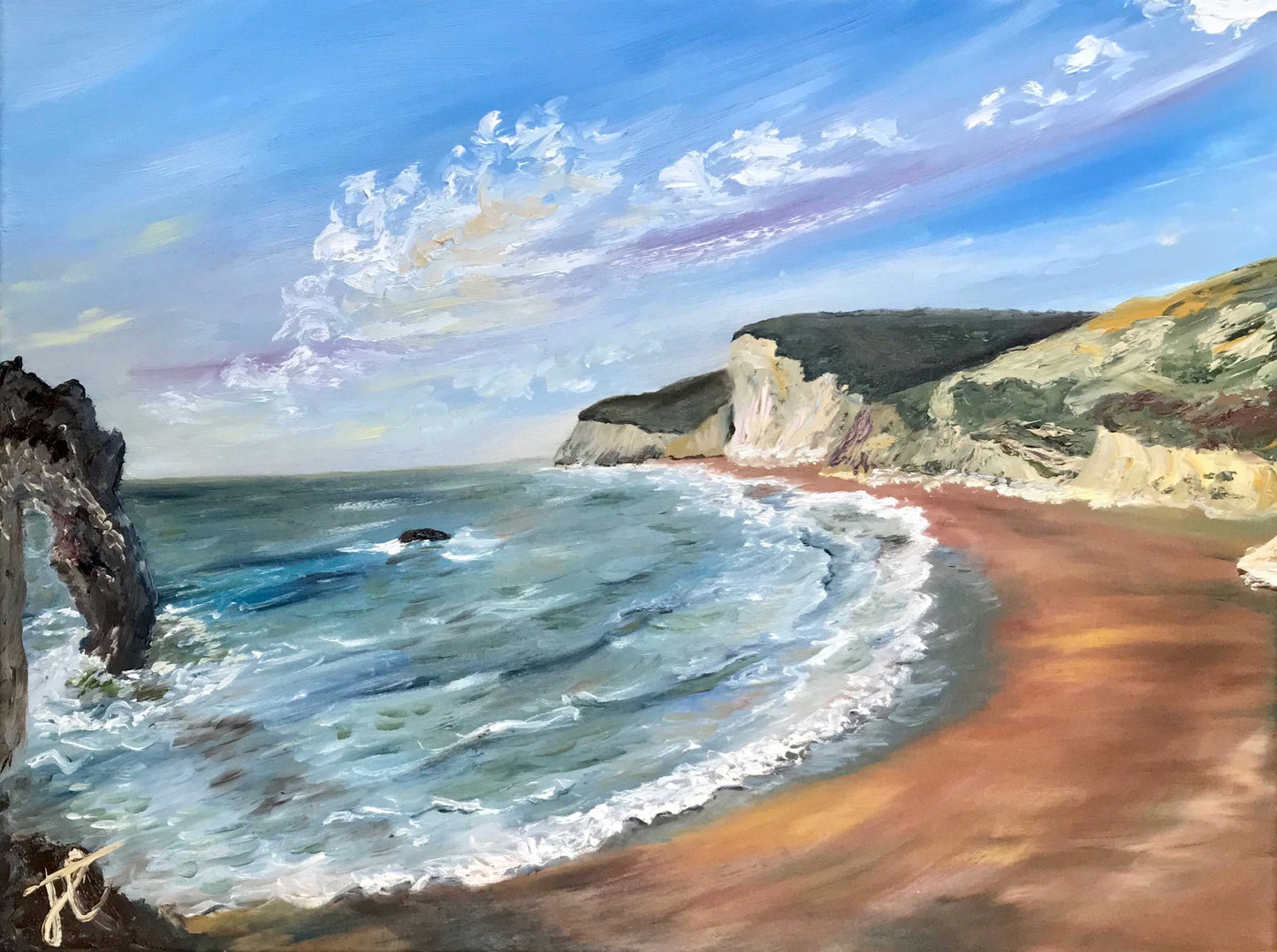 Painting cropped to edges: beach scene with Durdle Door on the left hand side, the curve of the waves breaking on the beach moves across the painting to the cliffs on the right hand side. 