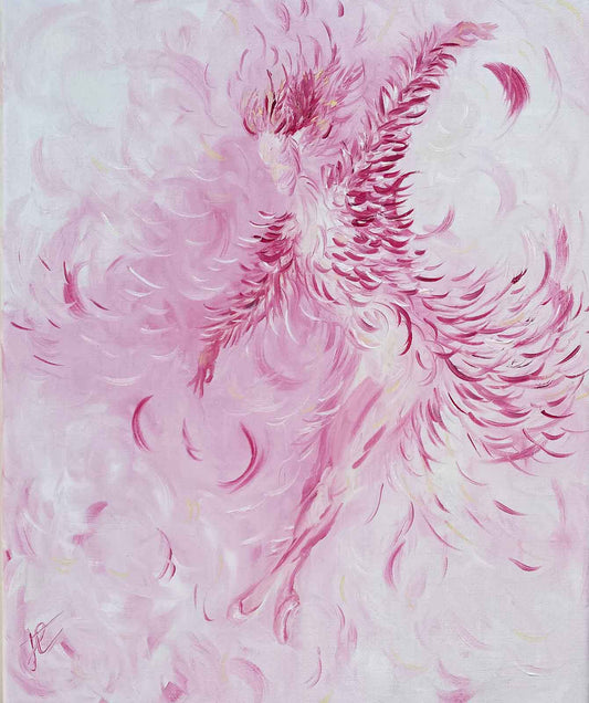 Stylised pink painting of danseur mid-leap with feathery costume.