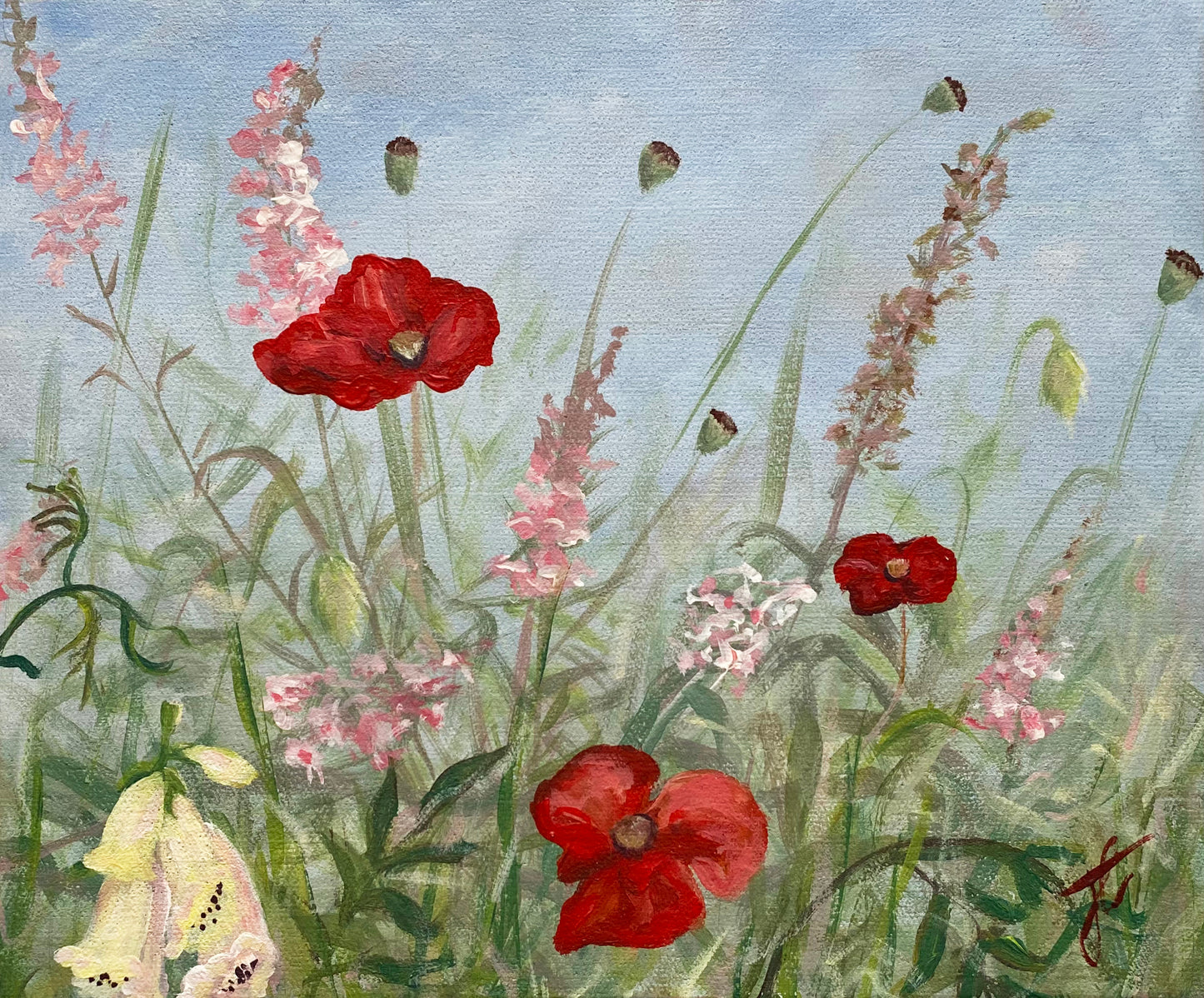 Flower painting of red poppies and other flowers in garden