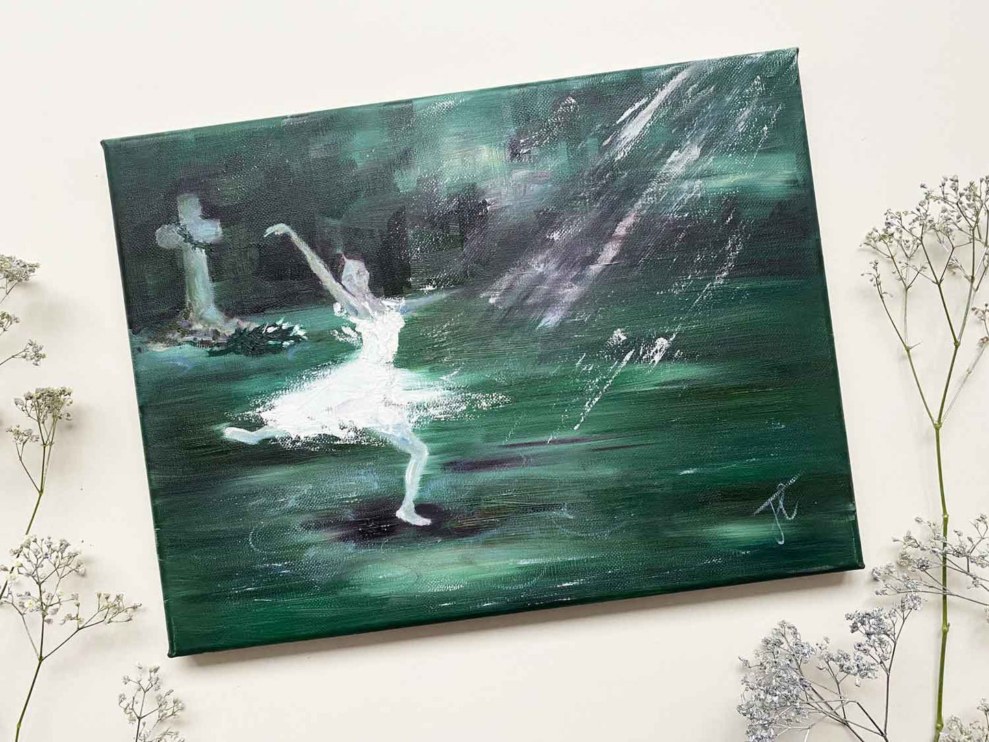 Ballerina painting in green and white colour scheme, inspired by Giselle