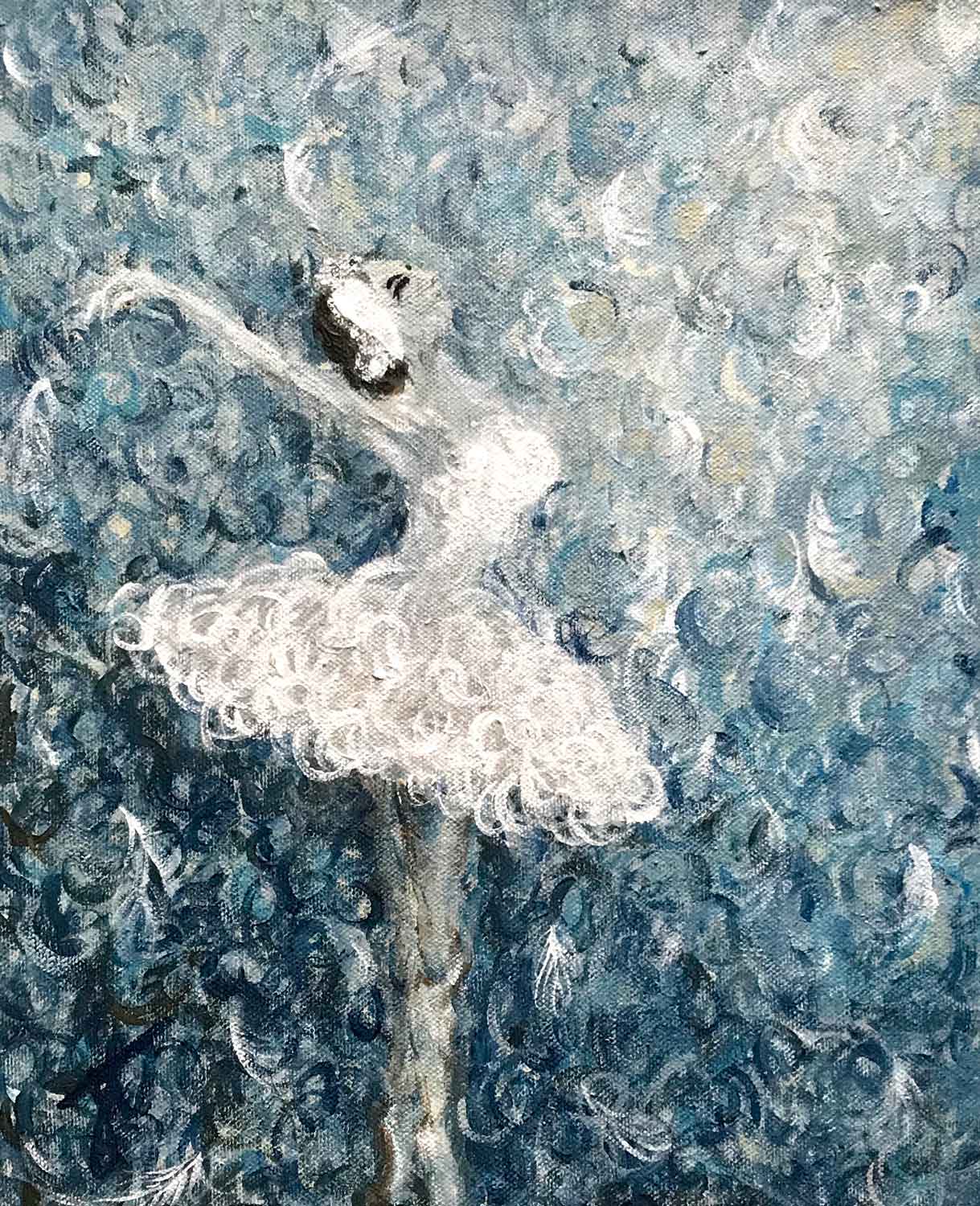 Painting cropped to edge: side view of ballerina in white swan costume. The painting comprises many layers of softly coloured feathers.