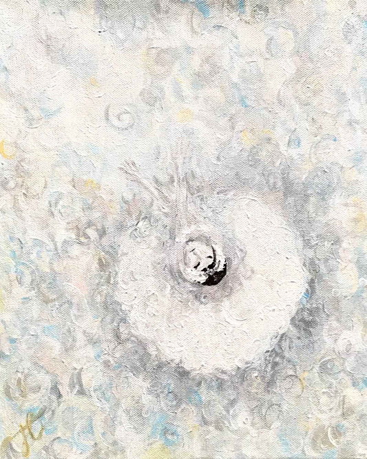 Painting cropped to edge: aerial view of ballerina in white swan costume. The painting comprises many layers of softly coloured feathers.