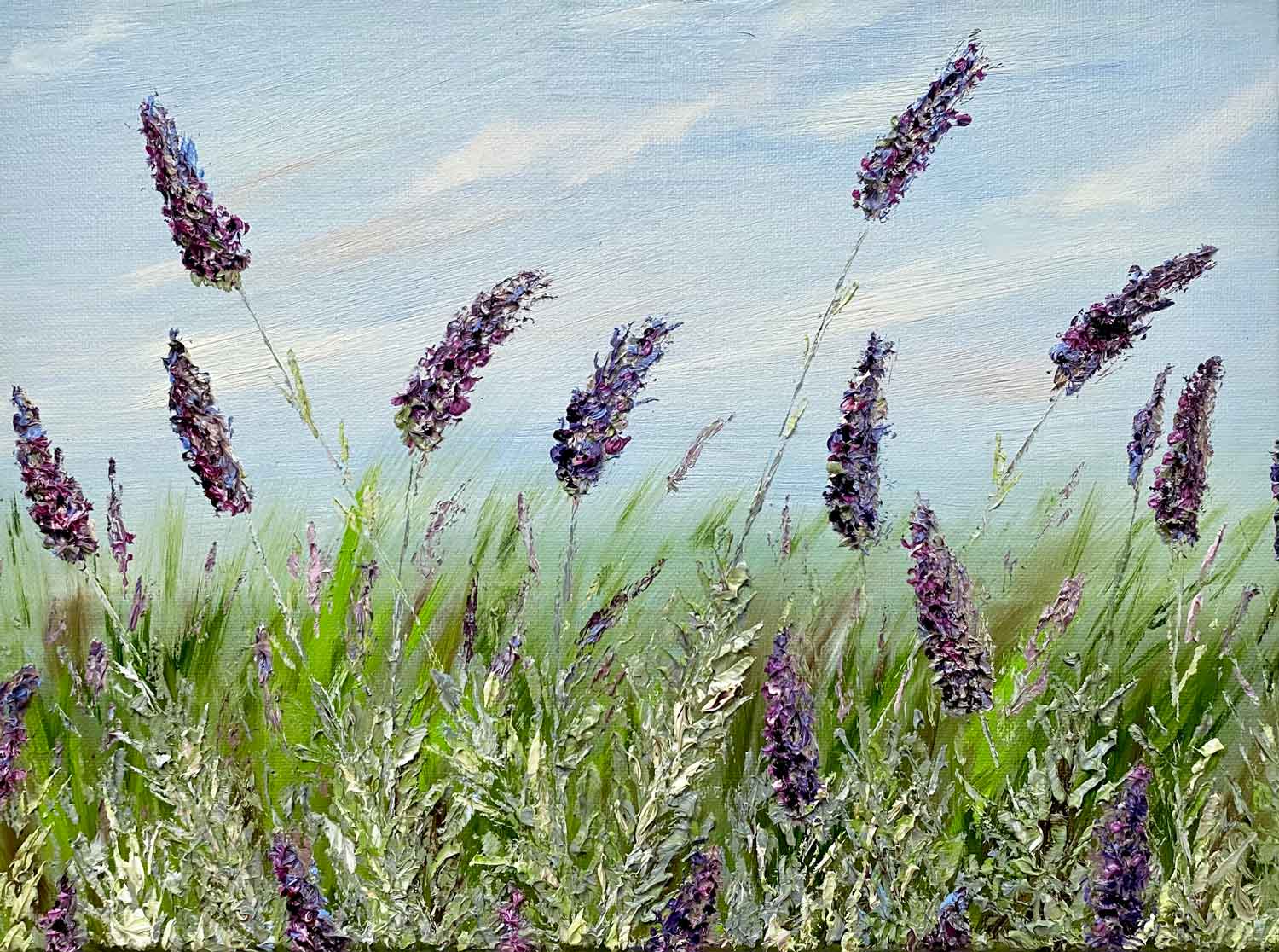 Textured oil painting of lavender field