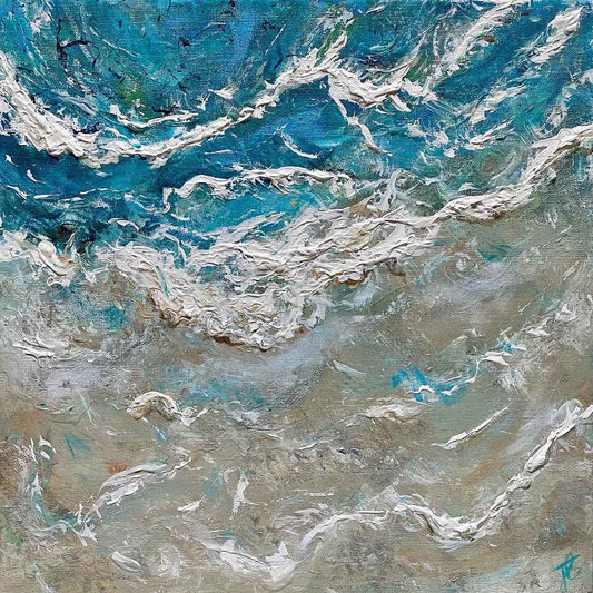 Textured painting of seascape with aerial view of waves on shoreline