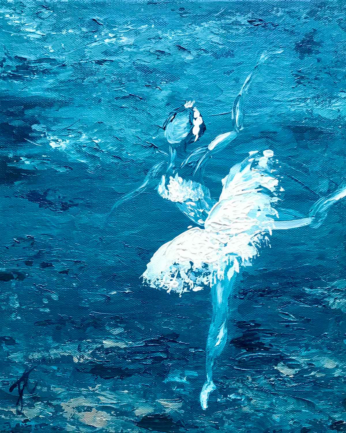 Painting shown cropped to edge: a ballerina in white swan costume poised against a blue background. The brushstrokes are visible, creating a textured surface. The ballerina is poised to the right of the composition.