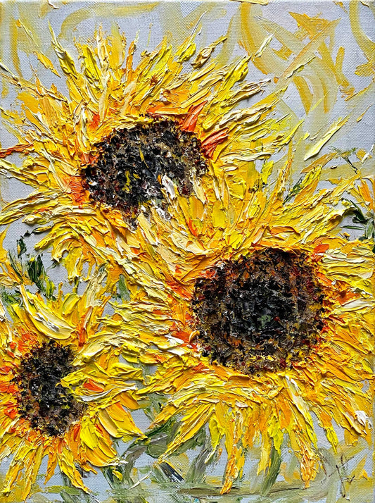 Dramatically textured sunflower painting of 3 blooms in a vase against a grey background.