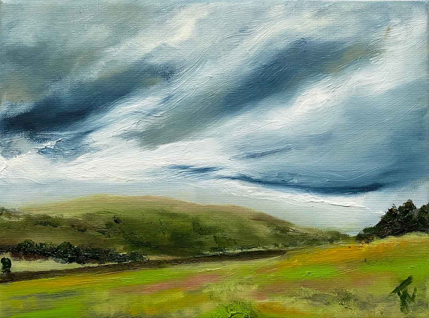 Yorkshire landscape painting of fields, hills and dramatic clouds