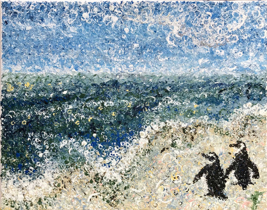 Painting cropped to edges: beach scene painting with layers and layers of small circles. Two penguins stand in the bottom right hand corner, facing the sea.