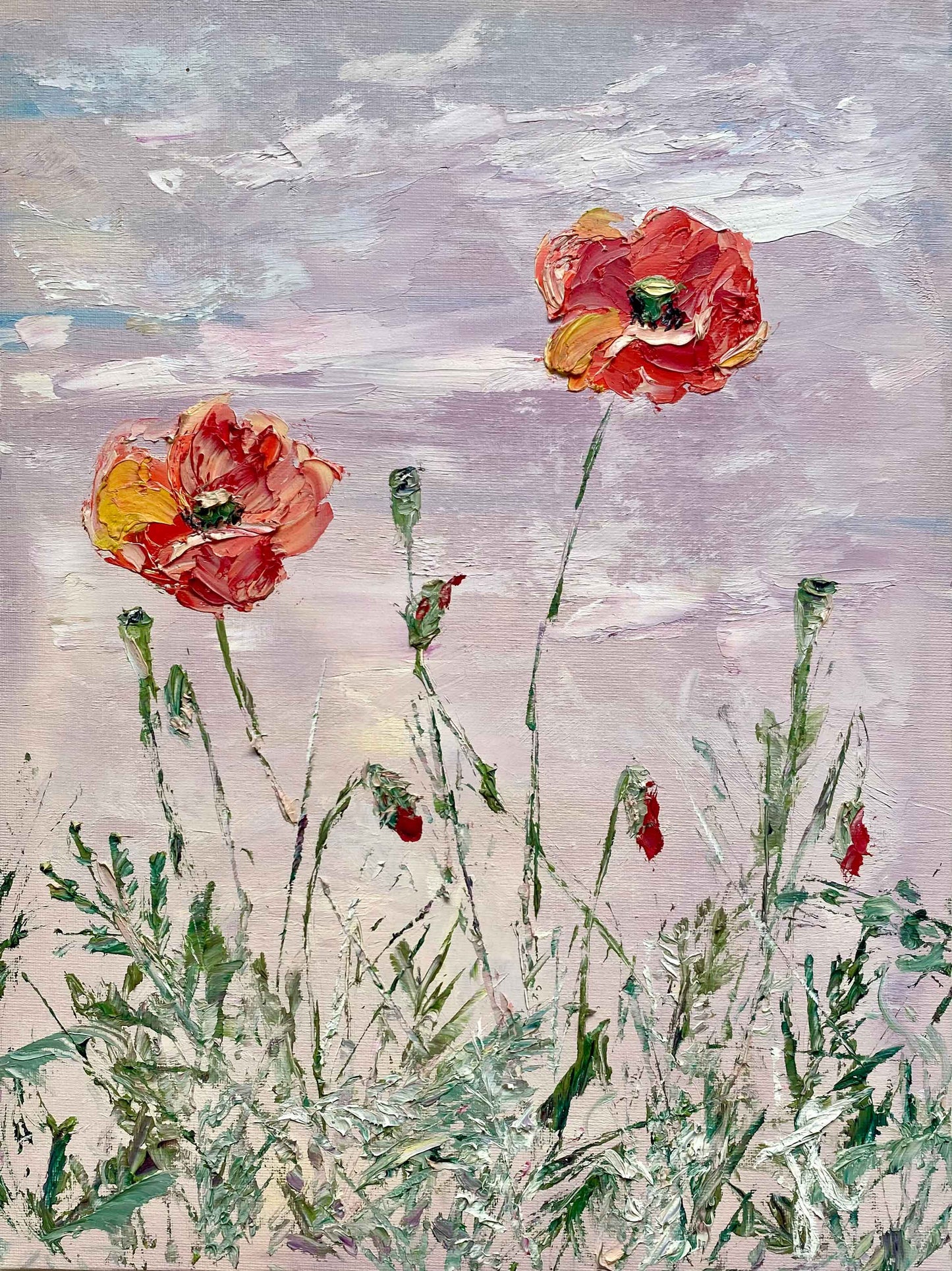 Textured oil painting of two poppies in bloom and buds and foliage against a lilac sky