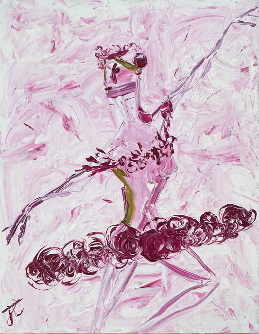 Pink and white painting of stylised ballerina figure with swirly tutu