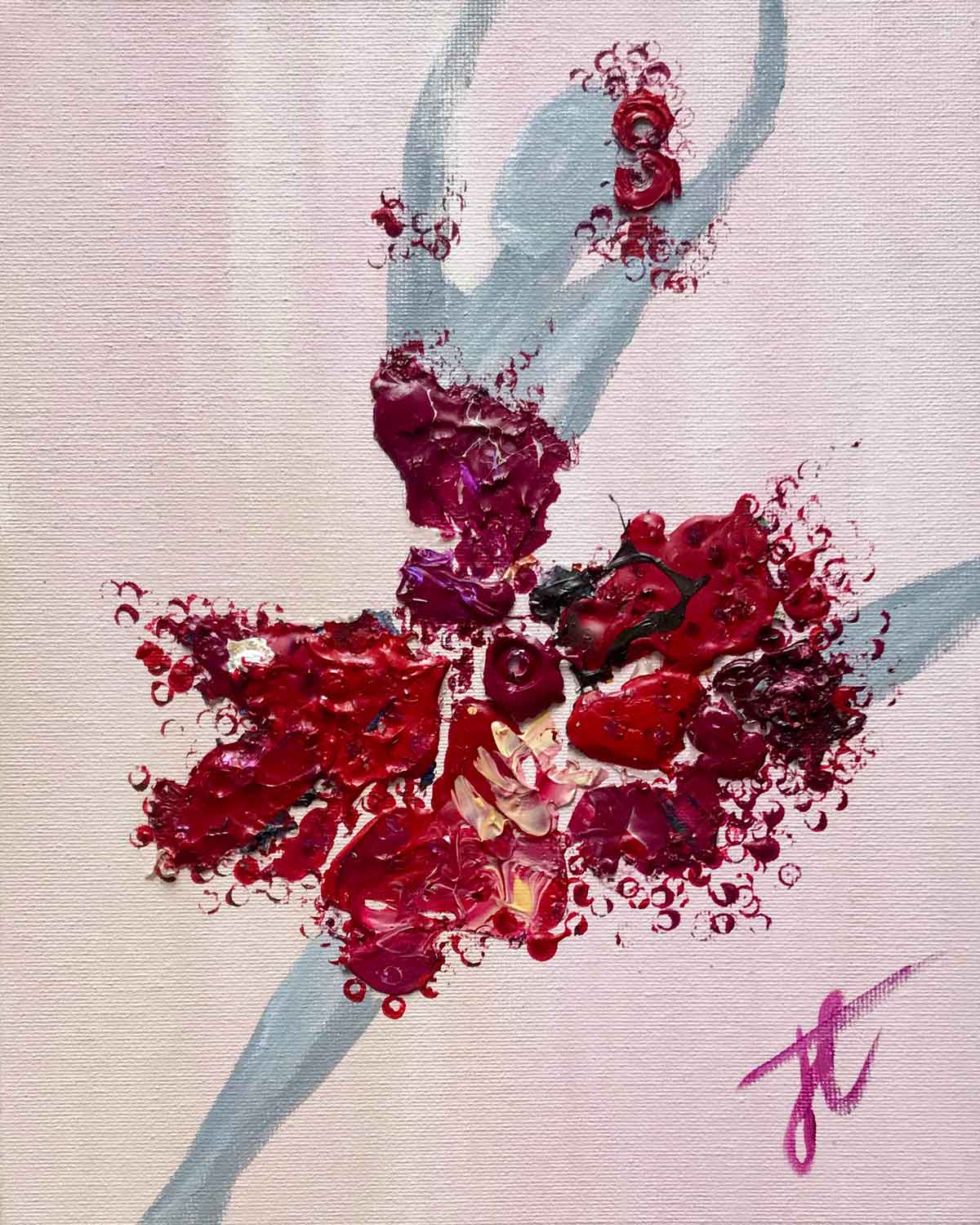 Painting cropped to edges: a ballerina captured mid-jump with her arms in fifth position. Her headdress and tutu are created from different shaped pieces of red paint which gives these elements dimensionality. The background is light pink.