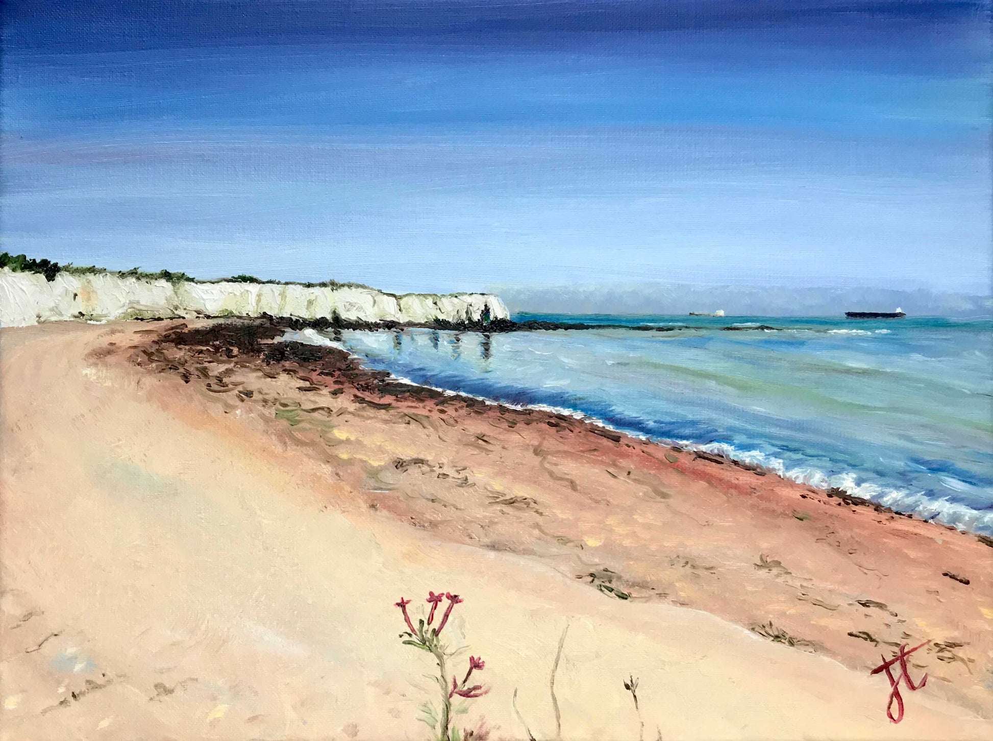 Painting cropped to edges: beach scene looking across sand towards white outcrop. There is a ship in the distance. A few flowers in the foreground suggest that the viewer is standing on a hill above the beach.
