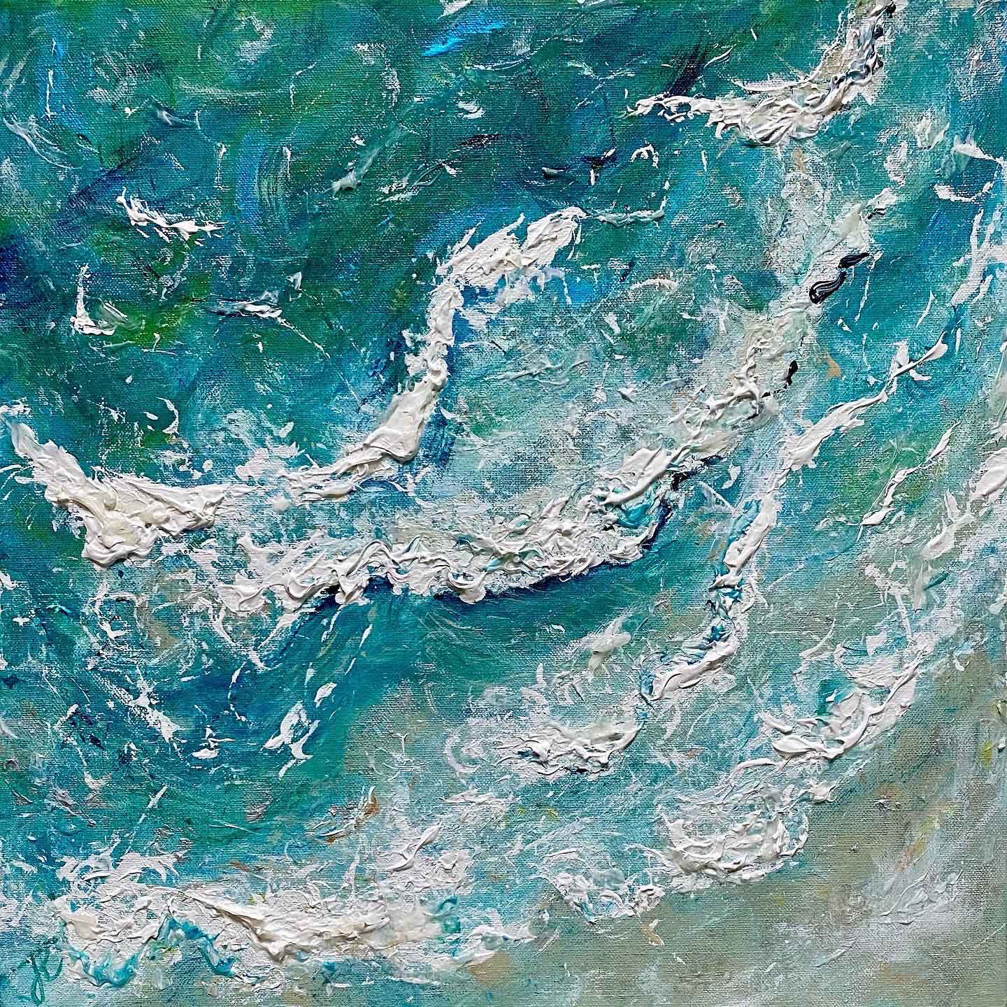 Textured painting of seascape with aerial view of waves on shoreline
