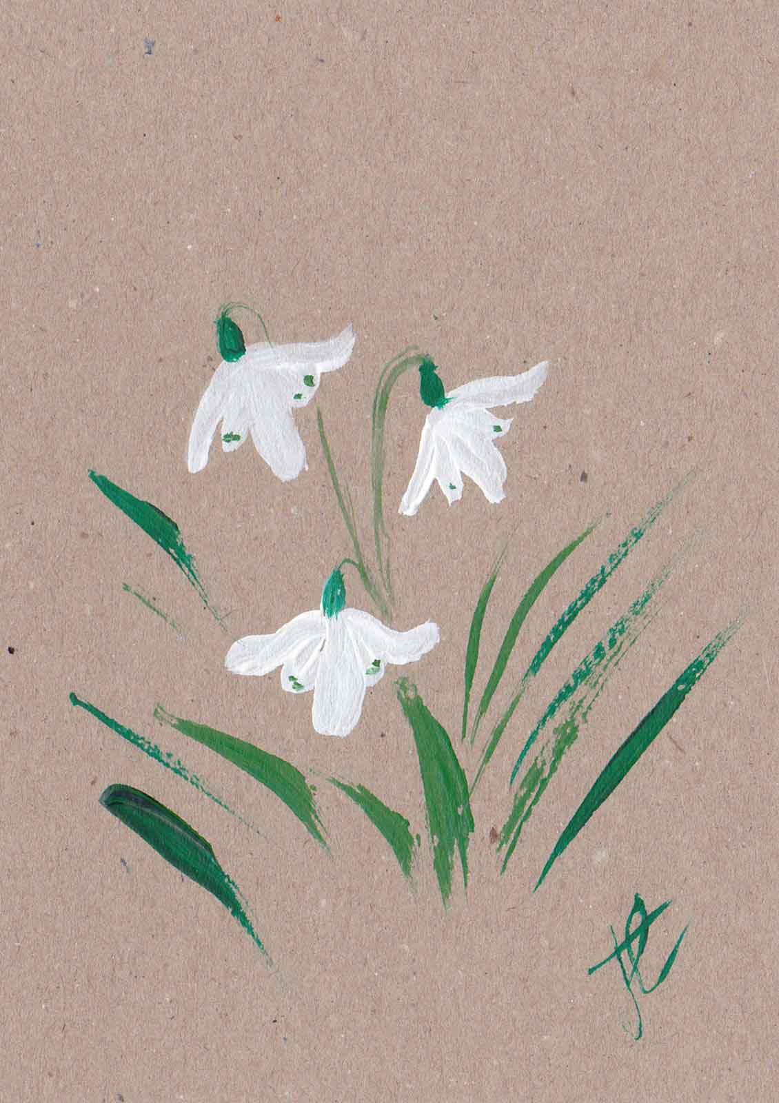 Painted snowdrop flowers on kraft card