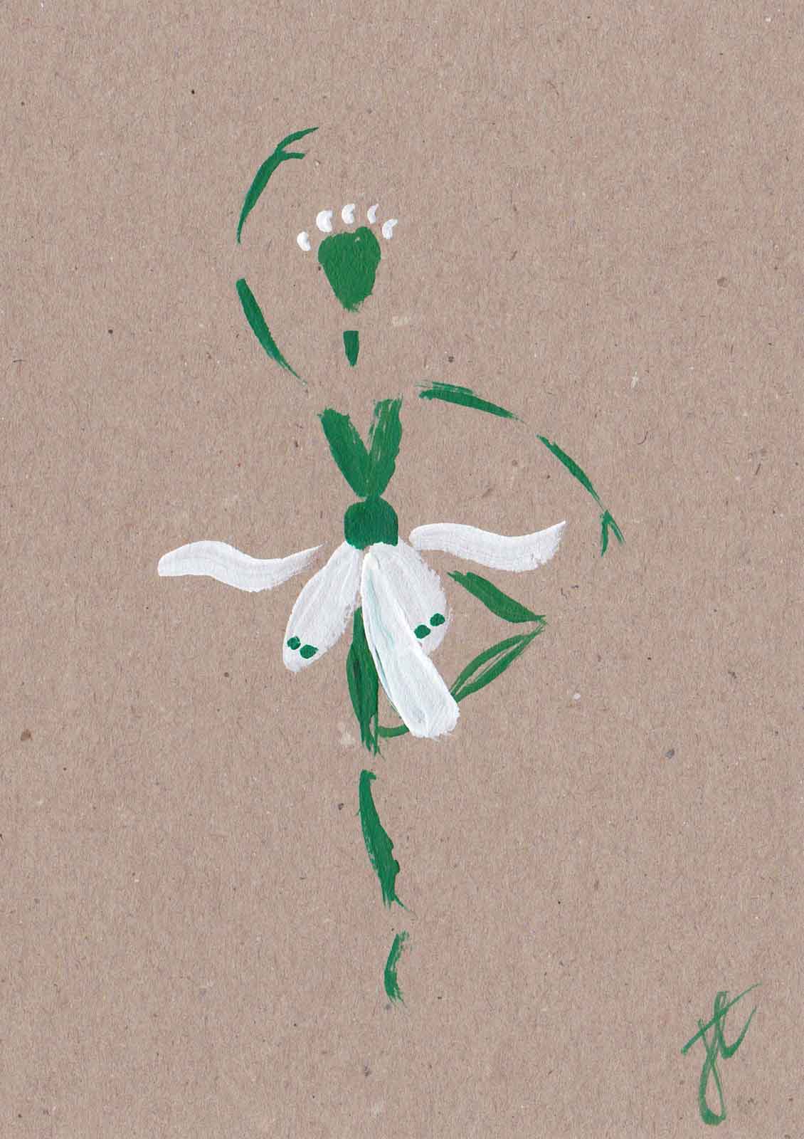 Ballerina in snowdrop flower tutu – painted design on brown note card
