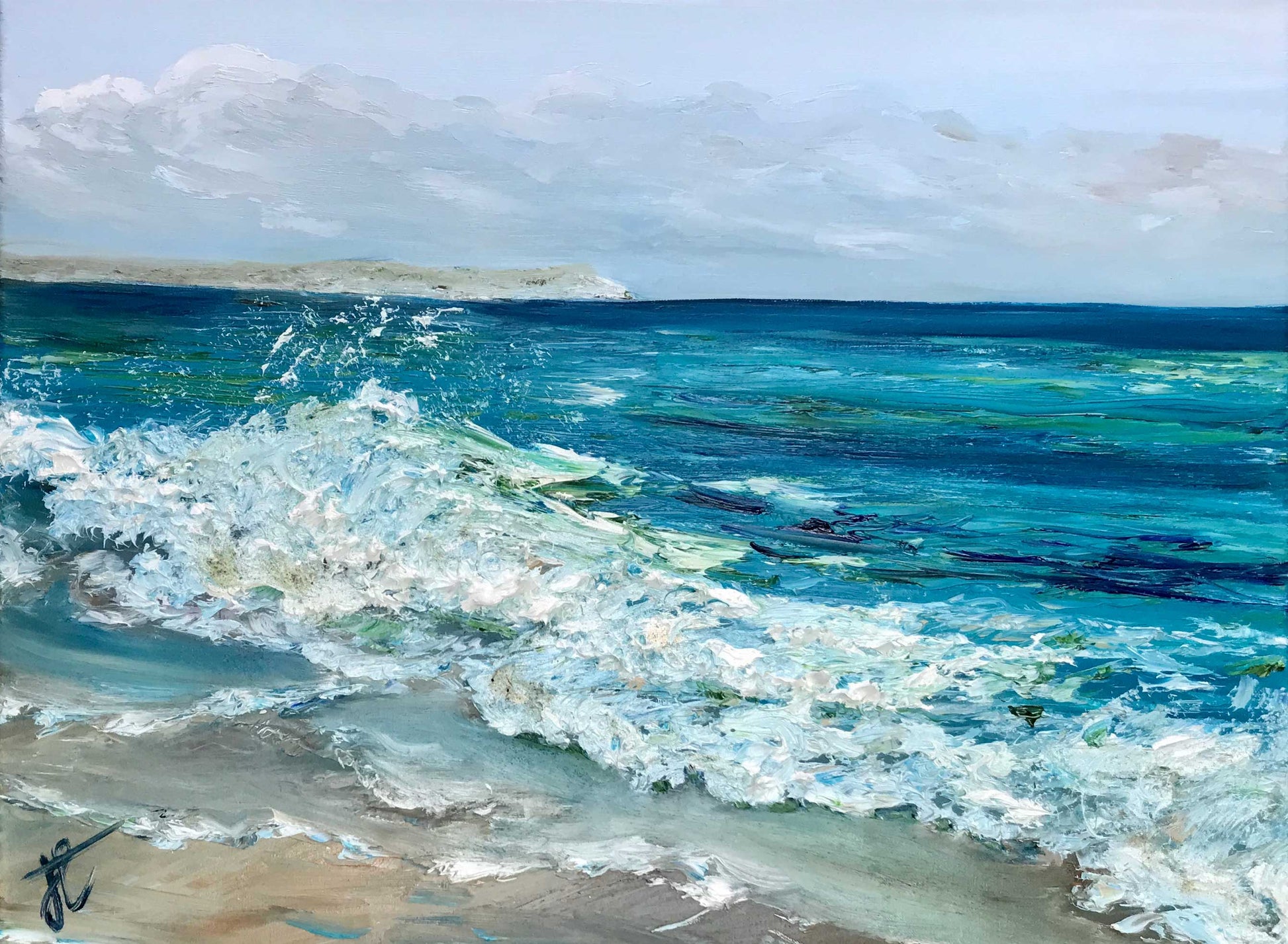 seascape painting with visibly textured wave