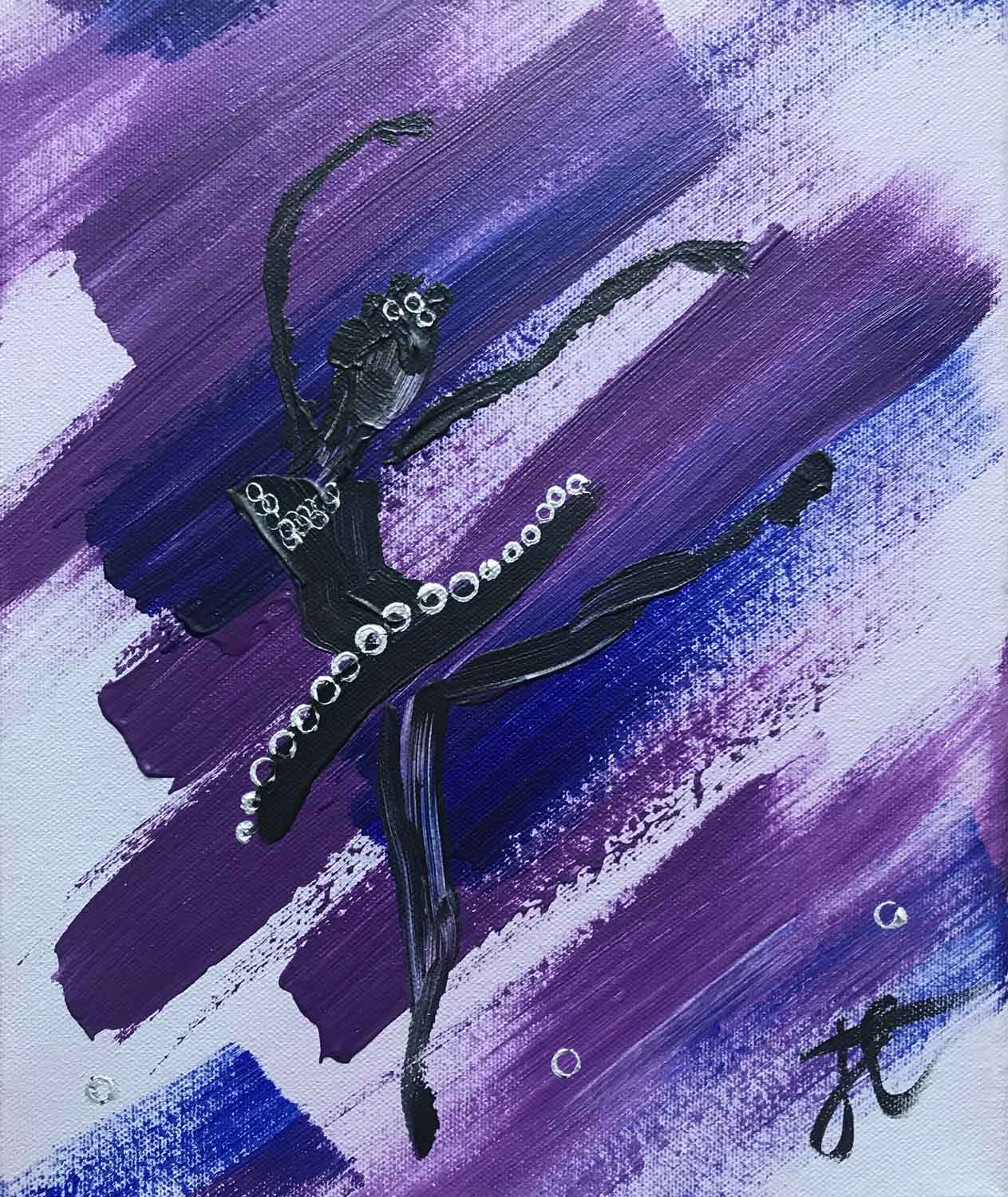 Painting shown cropped to edge: a grey background with bold purple and blue brushstrokes at diagonals. Superimposed on these is the silhouette of a ballerina in black. Silver circles add detail to her headpiece, bodice and the tutu edge. There are a few more circles in the foreground.