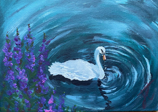 Painting of swan on water with purple flowers