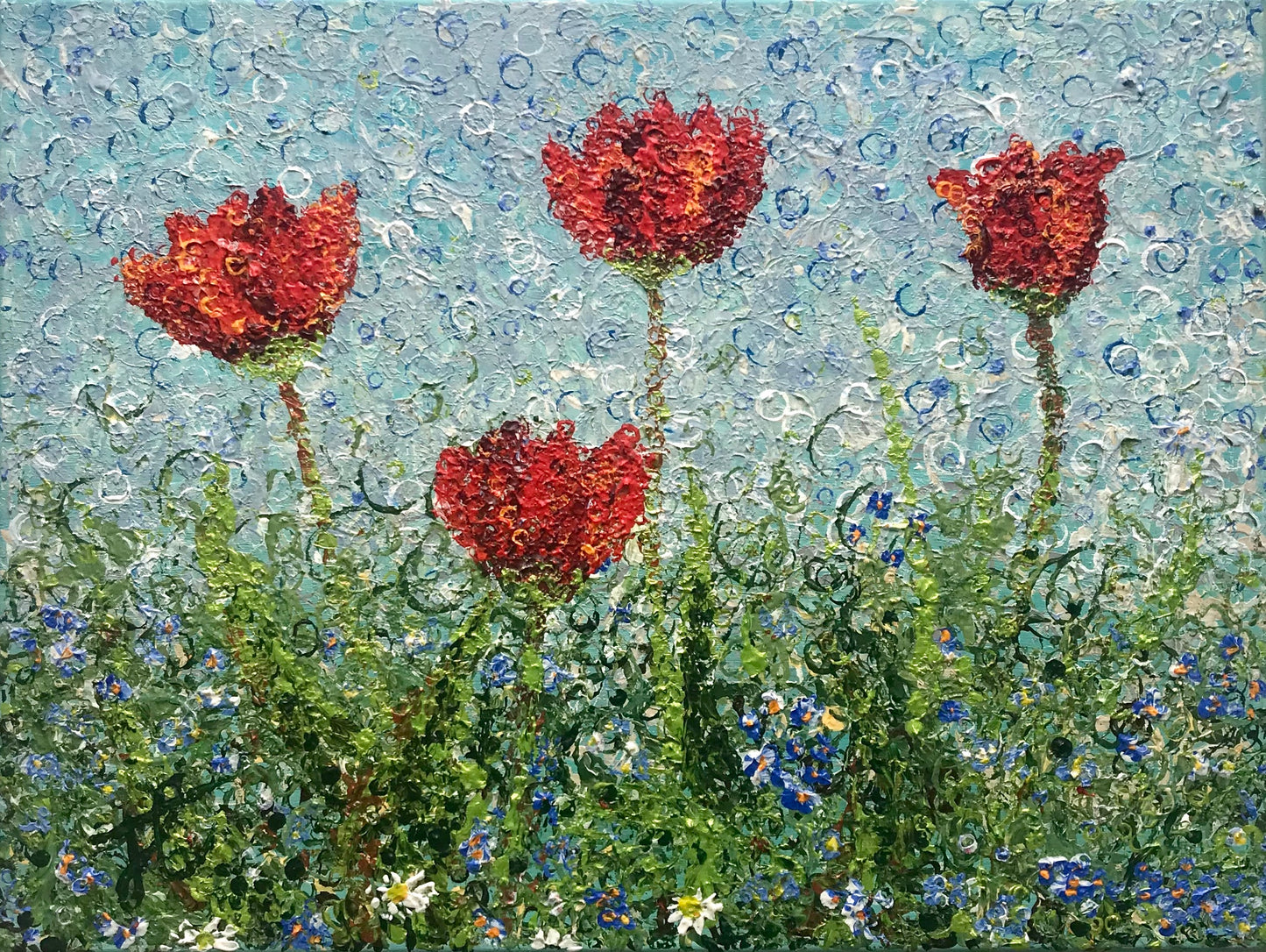 Painting cropped to edge: 4 red tulips bloom against a blue sky. Below them there is lots of green foliage with blue forget-me-nots and white daisies. The image comprises layers of different sized circles.