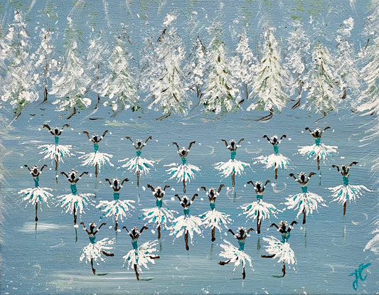 Blue ballerina painting of snowflake ballerinas against a snow forest backdrop